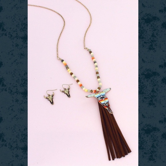 🌈LAST 1 boho SteerHead Fringe Necklace Earring - Picture 2 of 7